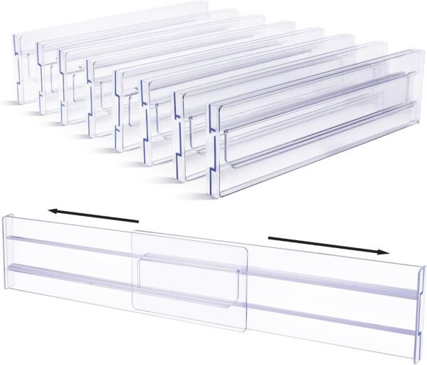 8 Pack 3.2'' High Drawer Dividers for Clothing, Kitchen, 12''-21'' | Expandable and Adjustable, Clear Plastic Drawer Organiser for Clothing, Kitchen Utensils and Office Storage