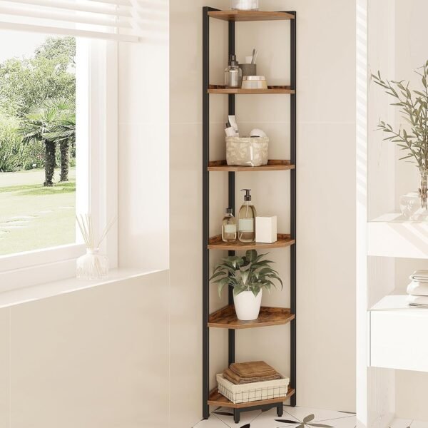 6 Tier Corner Bookshelf, Corner Shelf Stand, Rustic Brown | Storage Standing Shelf Unit with Metal Frame, Plant Stand, Bookcase for Living Room, Home Office, Bedroom CS06001B