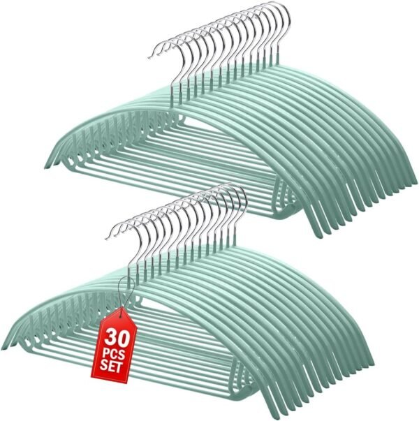 No Shoulder Bump Rounded Clothes Hanger 30pcs Metal Coat Hangers | Soft Non-Slip PVC Coated, for Dress Suit Coat Jacket Sweater Pants,Space Saving, Durable Hanger, No Shoulder Bumps(Green)