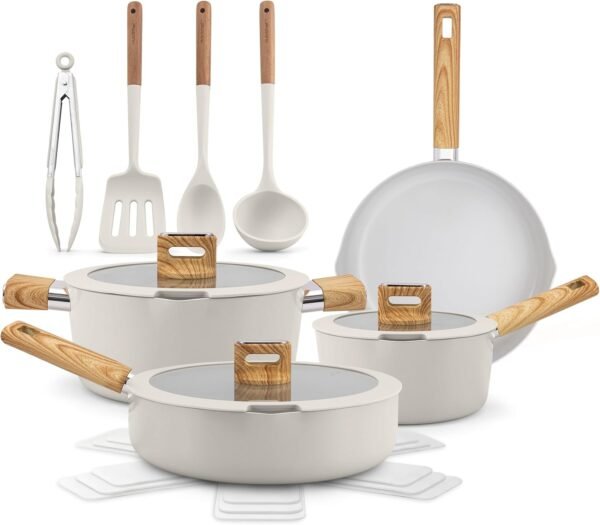 Pots and Pans Set – 14-Piece Nonstick Ceramic Cookware Set with Utensils, Induction Compatible, Stackable Space-Saving Design, Glass Lids, Dishwasher Safe, Cool-Touch Handles