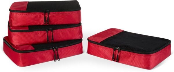 Essentials 4-Piece Packing Cubes Travel Accessories Set, Luggage Organiser with Double Zip, Mesh Top, Polyester, Medium, Red (Previously Basics)