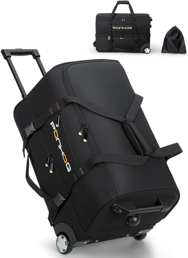 Rolling Duffle Bag with Wheels, 40L Large Travel Duffel Bag with Shoe Compartment, Water Resistant Rolling Wheeled Luggage for Men Women Weekender Overnight Trip - Black
