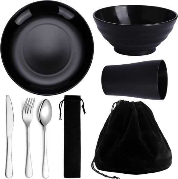 Utensilios para acampar para 1, kit de desorden para acampar, equipo de campamento incluye cuchillo, cuchara, juego de cubiertos de tenedor, Taza, tazón, Plato