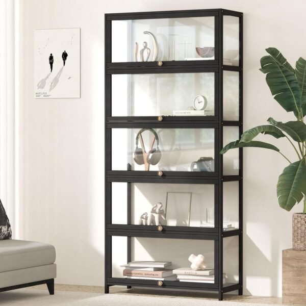 5 Tier Clear Door Cabinet – Display Shelf Home Storage Black | Versatile Sturdy Practical