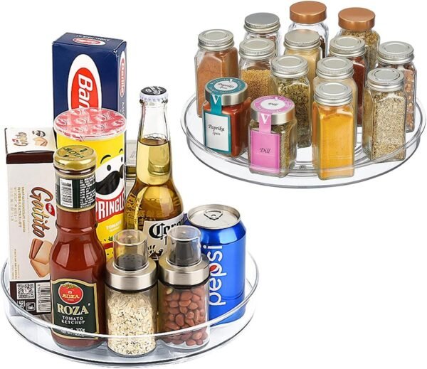 2 Pack Lazy Susan Turntable, Non-Skid Fridge Organiser Kitchen Storage and Organisation 23+27cm Clear Lazy Susans Organizer Rotating Spice Rack Makeup Organizer Display Stand for Cabinet, Countertop