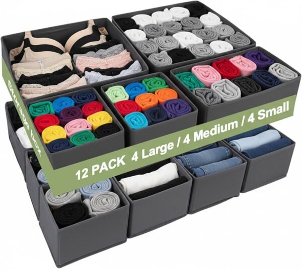 12 Pack Grey Collasible Drawer Organiser Clothes | Non-Woven, Stackable, for Baby Clothes Underwaer Socks