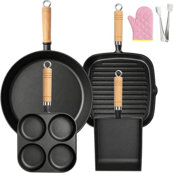 Cast Iron Skillet 6-Piece Set, Heavy-Duty Professional Restaurant Chef Quality Pre-Seasoned Pan Cookware Set, for Frying, Saute, Cooking, Use Indoor/Outdoor, Oven, Grill