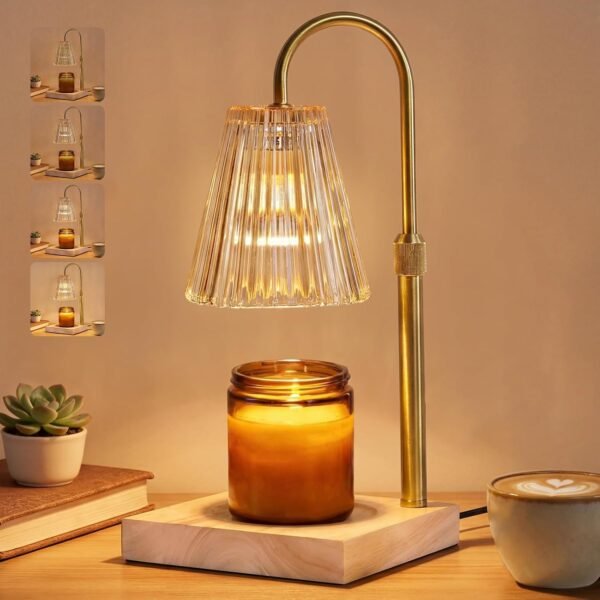 Candle Warmer Lamp with Timer Dimmable, Modern Champagne Glass Shade Table Lamp, Scented Candles Warmer with 2 GU10 Bulbs for Home Decor,Mother's Day,Christmas(Wooden Base)