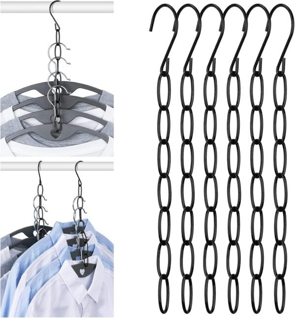 Saving Hangers,Metal Chain Clothes Hanger Organizer with 8 Slots for Heavy Clothes,Premium Hanger Hooks,Closet Storage,Collapsible Vertical Hangers,College Dorm Room Essentials(6 Pack)