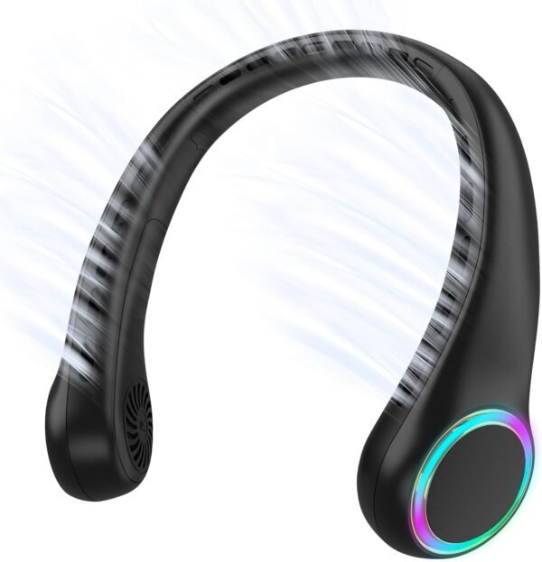 Portable Neck Fan With 5-17H Lifespan, 4000mAh Battery, 3 Adjustable Speeds, 64 Cool Lights, Rechargeable Hands-Free Cooling for Summer (Black)