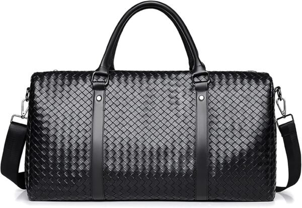 Leather Travel Duffle Bag for Men, Woven Carry On Weekender Overnight Bags for Business Sports Gym (Black)