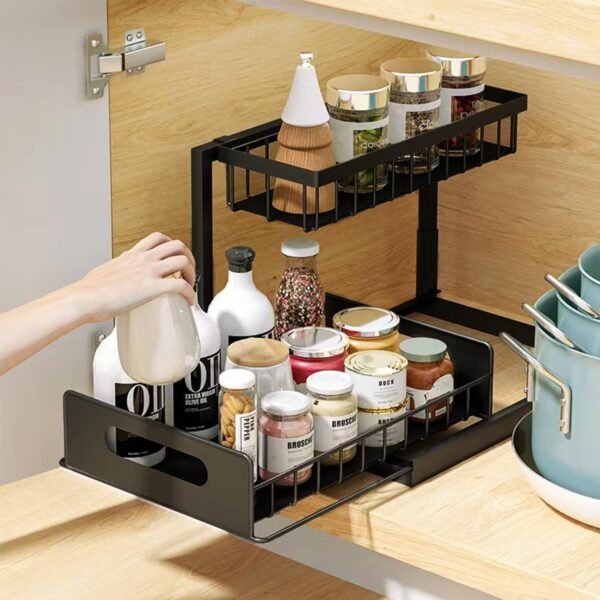 Sink Organizer, 2 Tier Pull Out Cabinet Organizer (Black) | Metal Slide Out Shelf with L Shaped Design for Kitchen, Bathroom, Laundry