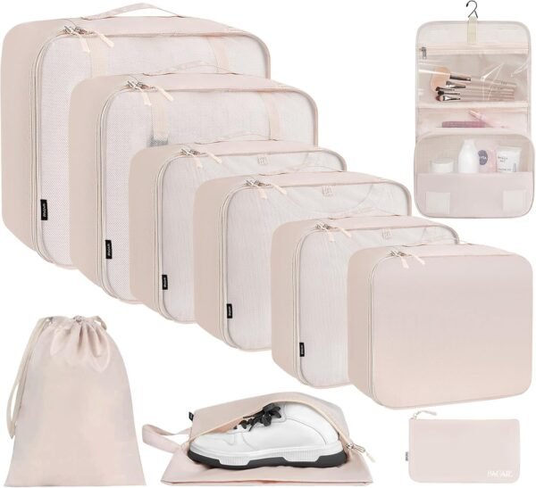 10 Set Packing Cubes Various Sizes Packing Organizer for Travel Accessories Luggage Carry On Suitcase, Cream