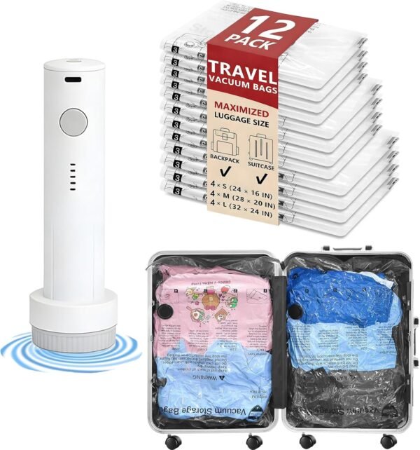 12 Pack Reusable Vacuum Storage Bags with Cordless Electric Air Pump, 4 Small/4 Medium/4 Large, Compression Storage Bags, Space Sealer Bags for Travelnig, Home Storage & Organisation