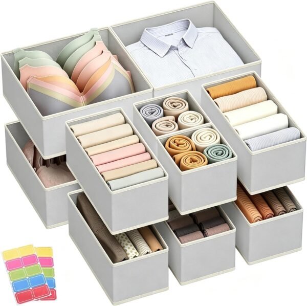 12 Pack Cloth Drawer Storage Organizer Boxes, Open Wardrobe Organiser for Baby Clothes, Underwear, Socks, Foldable Closet Organization Storage Dividers for Nursery, Bedroom, Dorm (Gray)