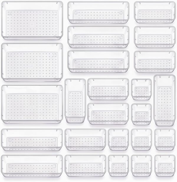 25 Pack Clear Drawer Organiser Set, BPA-Free Stackable Bins | 4 Sizes: 3"x3", 6"x3", 9"x3", 9"x6" | BPA-free clear plastic | Non-slip base | Stackable & washable | For any room