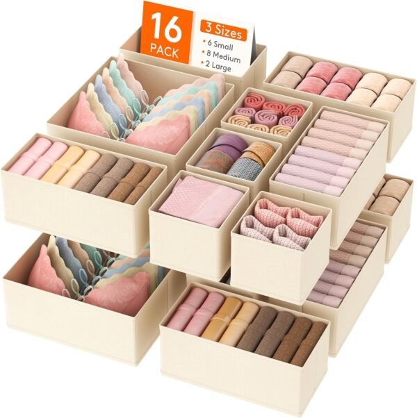 16 Pack Drawer Organizer, Dresser Underwear Drawer Organizer Bins, Foldable Fabric Closet Organizers, Storage Drawer Dividers, Dorm Room Essentials for Clothing, Socks, Towels, Ties Khaki