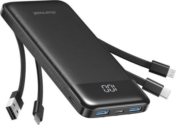 10000mAh Power Bank Built in 4 Cables, Slim USB C Portable Charger | LED Display with 6 Output and 3 Input, Compatible with iPhone, iPad, Samsung, Tablets and More, Compact Travel Design, Black