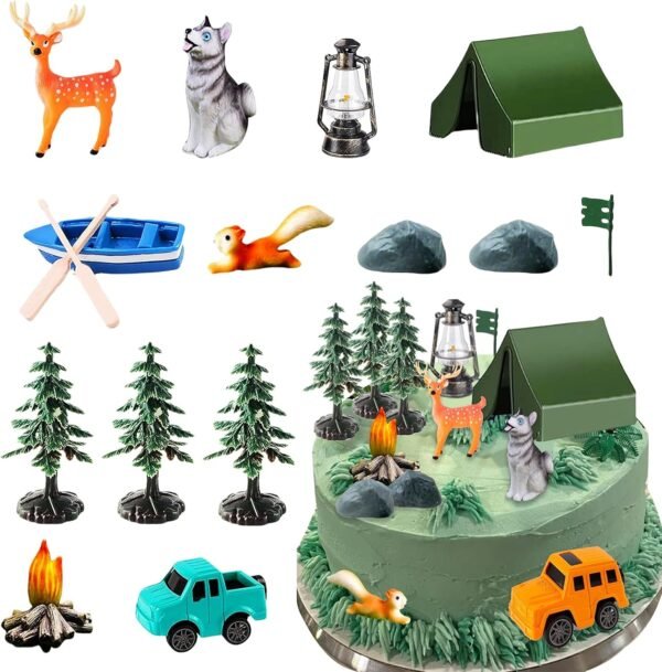 Camper Birthday Cake Decorations Camping Cake Toppers Fireside Tree Tent Bonfire Canoe Figurnes Squirrel Deer Figures Camp Cake Picks Camping Party Supplies