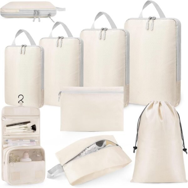 Compression Packing Cubes 8 Set, Suitcase Organiser Bags, Travel Cubes for Suitcases, Luggage Organiser Packing Bags, Flight Cruise Holiday Essentials (Beige)