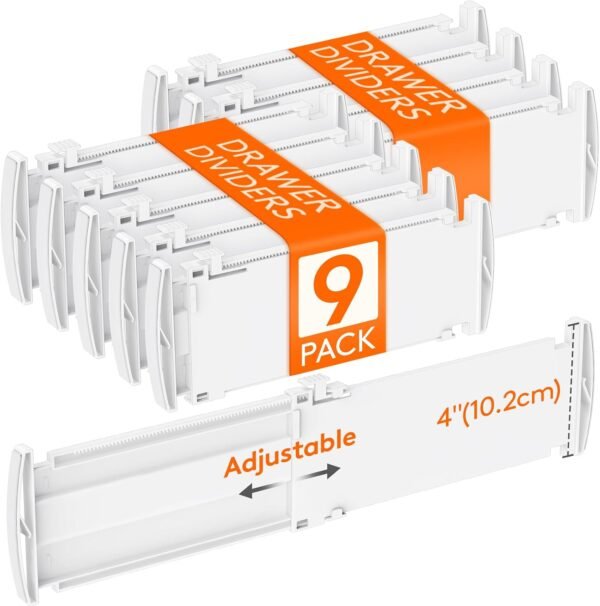 Drawer Dividers for Clothes, Adjustable Drawer Organisers, Plastic Expandable Dresser Organizers Shelves Dividers in Closet Storage/Bedroom/Bathroom/Kitchen, 9 Pack 4" High 10.5-16.5" Long