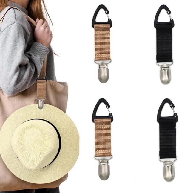 4 Pack Travel Hat Clip Elastic Hat Holder for Purse Hands-Free Bag Accessory for Traveling Bags Backpacks Purses Luggage Outdoor Travel Accessory, Black, Khaki, One Size