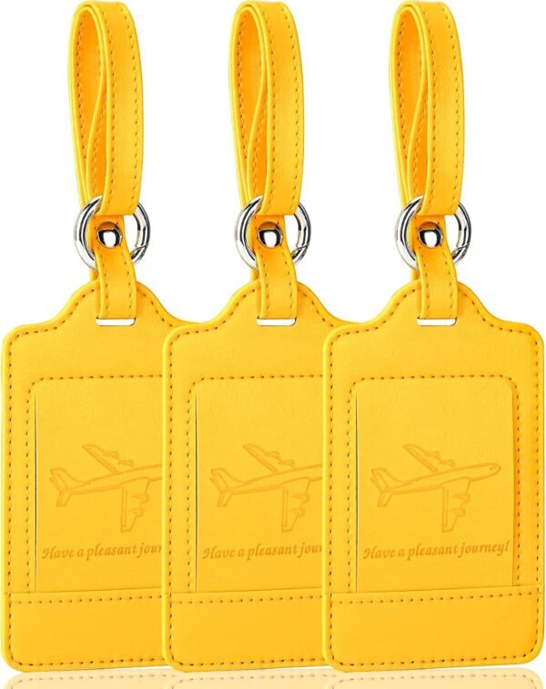 Leather Luggage Tags for Suitcases, 3 Pack, Yellow | Quick-Attach Spring Ring, Privacy Flap Design, Includes 6 Info Cards, Premium PU Leather, Easy to Identify, Travel Essential