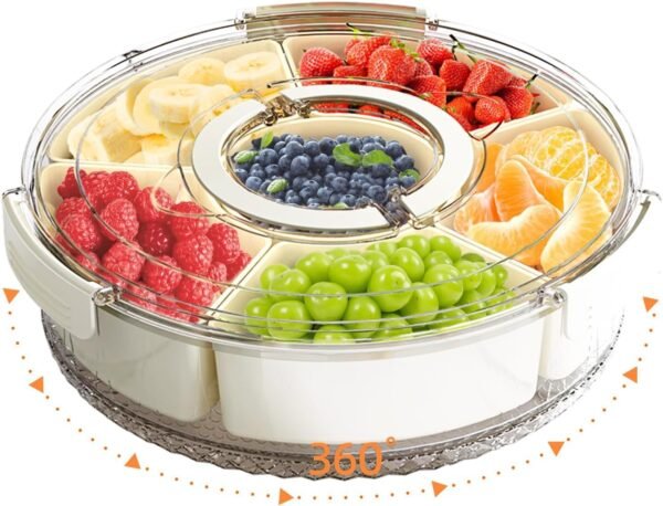 Large Divided Rotating Serving Tray with Lid & Handle, Portable Snackle Box for Fruits Snacks Veggie Charcuterie, Clear Snack Spinner Organizer & Fridge Storage Container for Picnic Travel Beach Party
