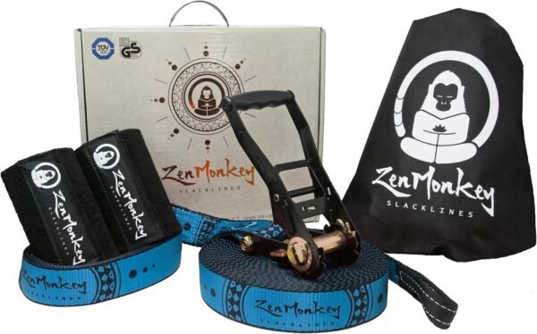 Slackline Kit with Training Line, Arm Trainer, Tree Protectors, Cloth Carry Bag and Instructions, 60 Foot - Easy Setup for The Family, Kids and Adults