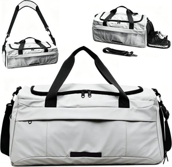 Gym Bag Waterproof - Carry On Duffle Bag for Women Men, Sports Bag with Shoe Compartment & Wet Pocket, Lightweight Travel Duffle for Workout, Weekend Away, Yoga, Football (White)