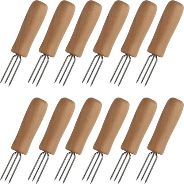 12Pcs Stainless Steel Corn on The Cob Holders, BBQ Corn Forks, Wooden Handle Corn Forks for Grilling, Outdoor Dining, Camping & Picnics, Dishwasher Safe & Easy to Clean - Mecus