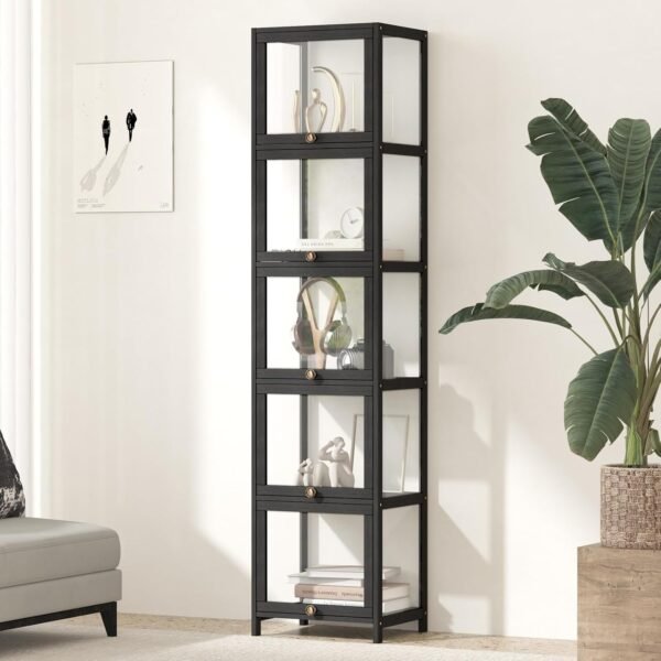 5 Tier Display Cabinet – Clear Door Slim Shelf Storage Black | Versatile Sturdy Practical