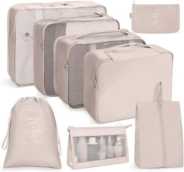 8 Pack Packing Cubes for Travel, Beige | Travel packing cubes organize clothes, shoes and toiletries in luggage
