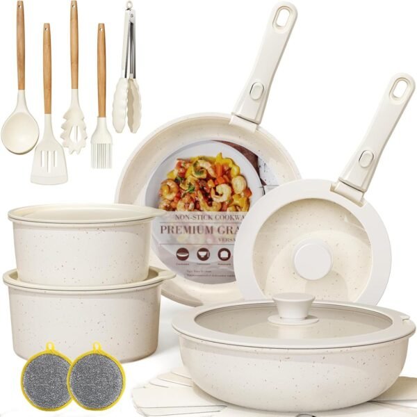 22 Piece Pots and Pans Set, Nonstick Cookware Sets Removable Handles, Cream Induction Cookware Non Stick Cooking Set w/Frying Pans & Saucepans(PFOS, PFOA Free)