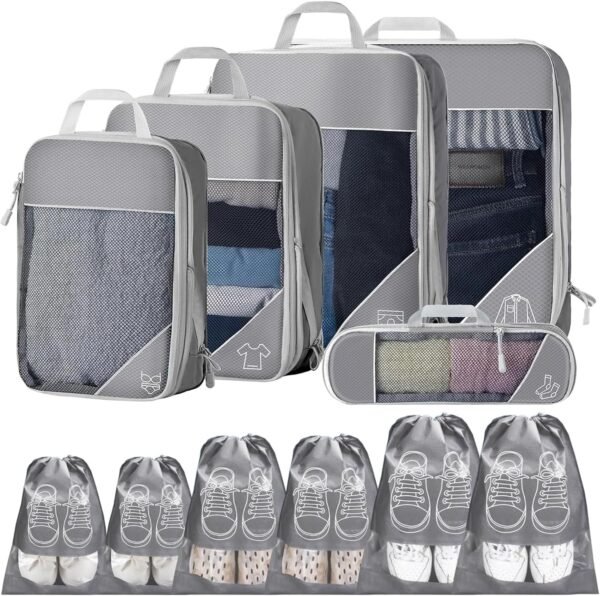 Compression Packing Cubes for Suitcases, Extensible Travel Packing Cubes, Mesh Luggage Suitcase Organizer Bags, Large Medium Small Packing Cube, Travel Suitcase Accessories (Grey, 11 Pcs)