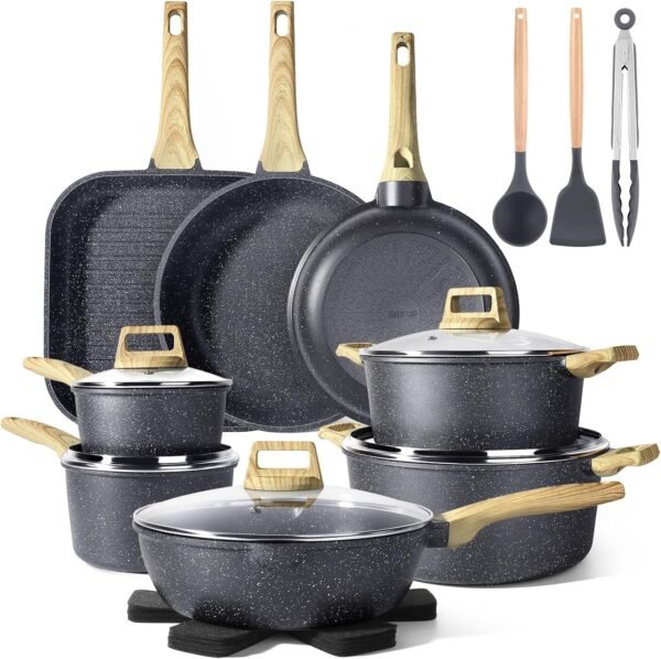 21PCS Pots and Pans Set Nonstick, Gray Granite Induction Cookware Sets with Frying Pans, Saucepan & Cooking Pots, 100% PFOA Free