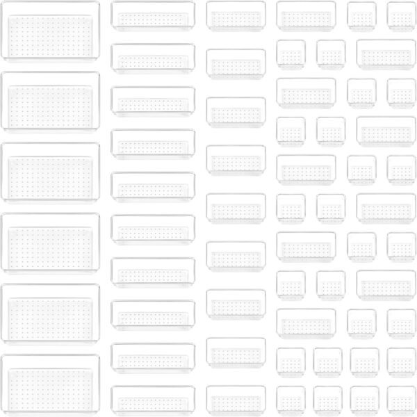 60 PCS Plastic Clear Drawer Organisers, 4 Sizes | Clear Plastic Drawer Organiser Bins Container for Bathroom and Vanity Storage, Home Organization for Makeup, Kitchen Utensils