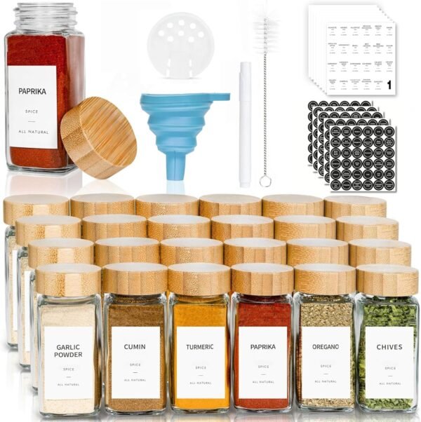 Spice Jars with Label 24Pcs,4oz Spice Containers with Bamboo Lids | Glass Spice Jars,Kitchen Seasoning Organizer for Spice Rack
