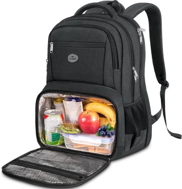 Insulated Lunch Backpack for Men, 17 Inch Work Laptop Bag, Black | Insulated lining separates meals from electronics, while padded straps and water-resistant fabric improve carrying comfort.