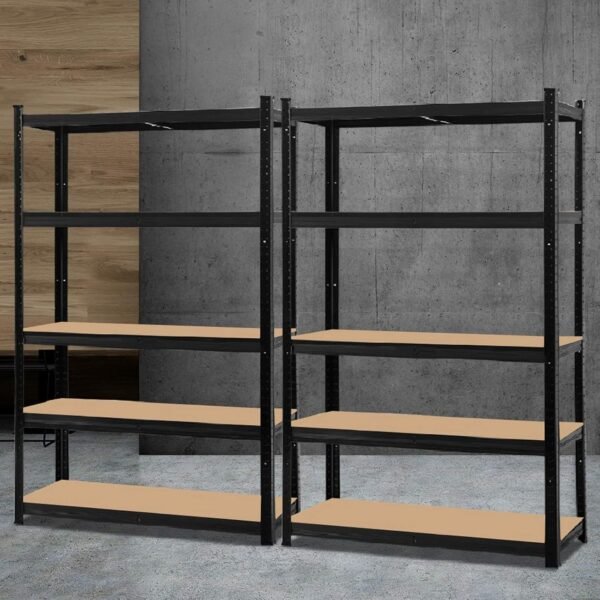 2 Pack Garage Shelving Units 0.9 x 1.8m 5 Tier 200kg Shelf Black | 2 separate shelving units, 0.9 x 1.8m per unit, 5-tier adjustable shelf layout, 200kg capacity per shelf, Black steel frame