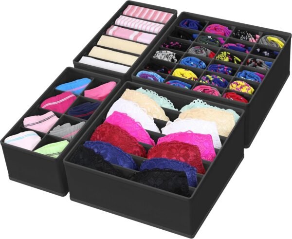 4 Pack Closet Drawer Organiser for Underwear, Bra, Socks | Scarf, Tie, Black