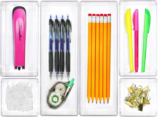 6 Pack Clear Desk Drawer Organiser Bins (2L, 2M, 2S) | Plastic Tray for Makeup, Jewelry, Kitchen Utensils, Gadgets
