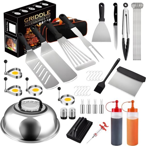 43Pcs Grilling Accessories Set for Blackstone and Camp Chef, ncludes Metal Spatula Set, Burger Press, Melting Dome, Scraper, Tongs, Carry Bag for Outdoor BBQ, Carry Bag for Outdoor BBQ Men Gift.