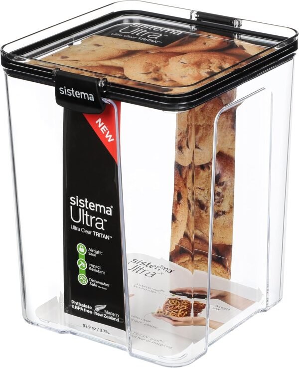 Ultra Tritan Airtight Pantry Storage Container | 2.75 Litre Large Food Storage Container | Stackable | with Locking Clips | BPA-Free | Clear with Black Accents