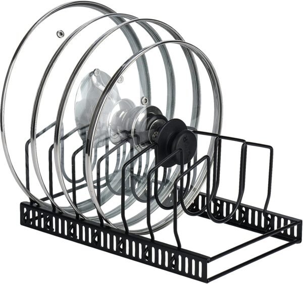 Black Adjustable Kitchen Lid Organizer, 7 Dividers, Heavy-Duty Metal, 13.3 x 3 x 19.1 cm, Pantry & Cabinet Storage