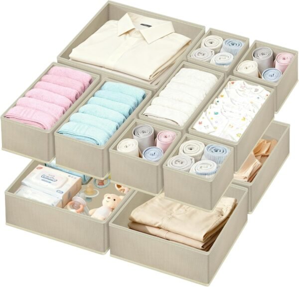12 Pack Clothes Drawer Organiser, 3-Size (Khaki) | Non-Woven, Foldable, Stackable, for Storage Socks Bra Towels Ties