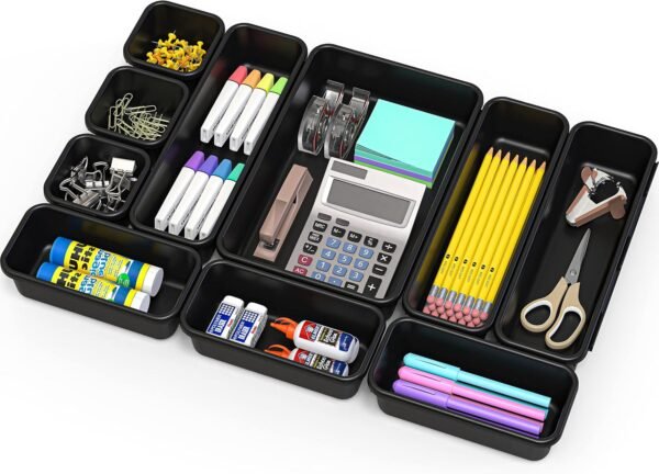 10 PCS Interlocking Drawer Organiser (3S, 3M, 3L, 1XL) | for Stationary, Makeup, Black