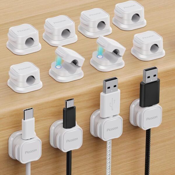 12 Pack Magnetic Cable Clip Organizer Cord Holder, Adhesive Cable Management, Wire Phone USB Charger Cable Holder, Keeper Organizer for Office Home Desktop Table - White