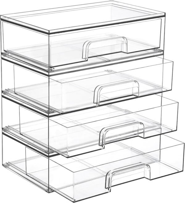 12.1''W Stackable Plastic Drawer Organiser Set of 4 | Clear Acrylic Storage Bins, Plastic Organisers and Makeup Storage for Vanity, Desk, Office, Bathroom Organization