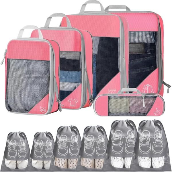 Compression Packing Cubes for Suitcases, Extensible Travel Packing Cubes, Mesh Luggage Suitcase Organizer Bags, Large Medium Small Packing Cube, Travel Suitcase Accessories (Pink, 11 Pcs)